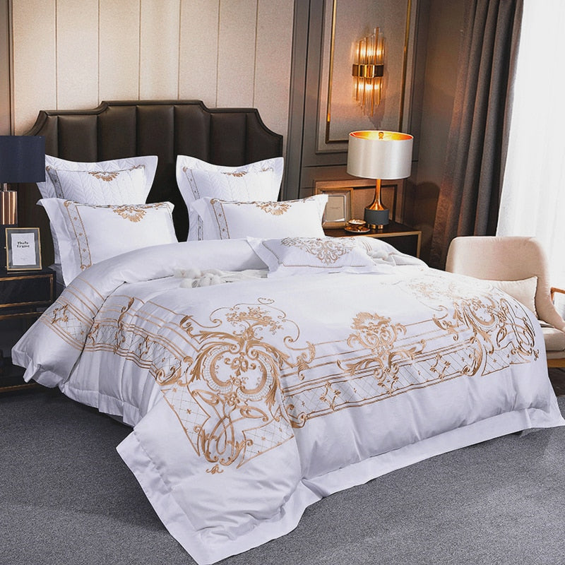 White Egyptian Cotton Gold Embroidery Beddings Set