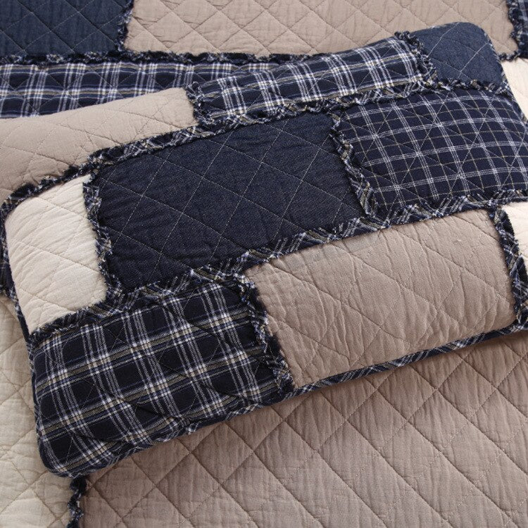 Blue Plaid Striped Patchwork Bedspread