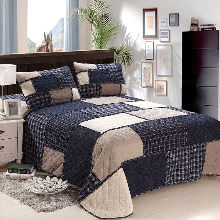 Blue Plaid Striped Patchwork Bedspread