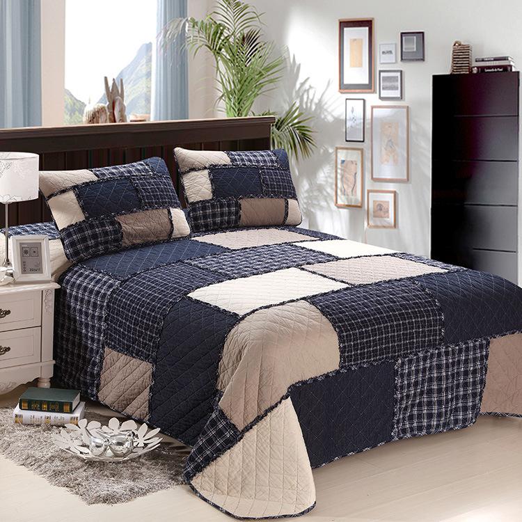 Blue Plaid Striped Patchwork Bedspread