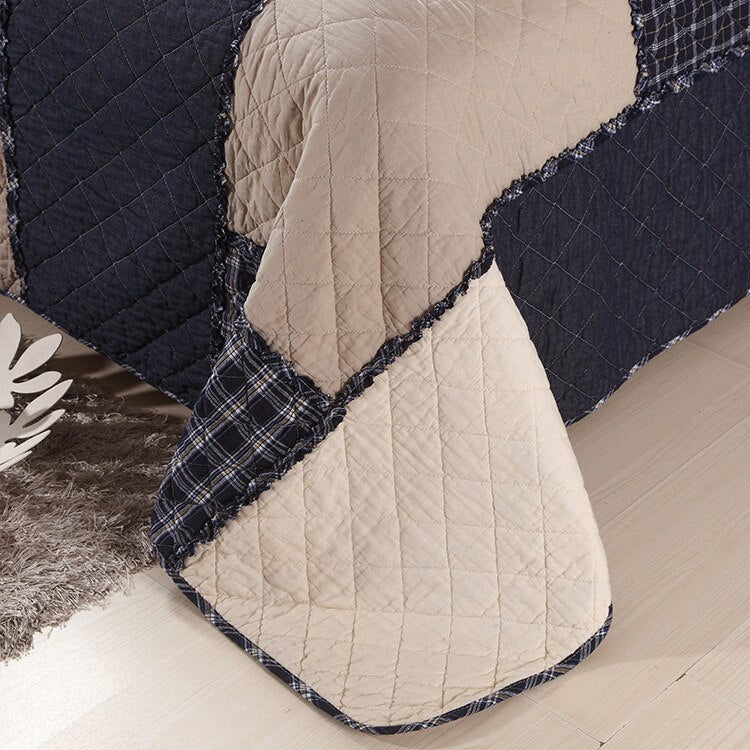 Blue Plaid Striped Patchwork Bedspread