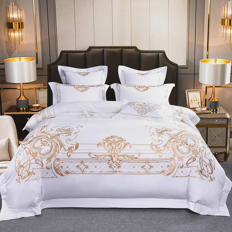 White Egyptian Cotton Gold Embroidery Beddings Set