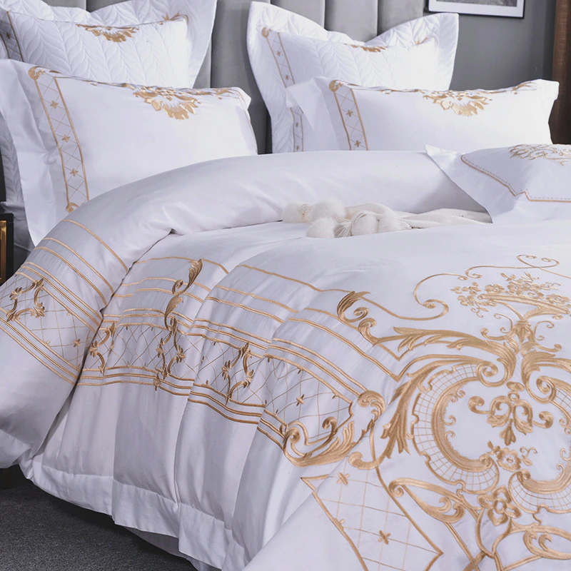 White Egyptian Cotton Gold Embroidery Beddings Set