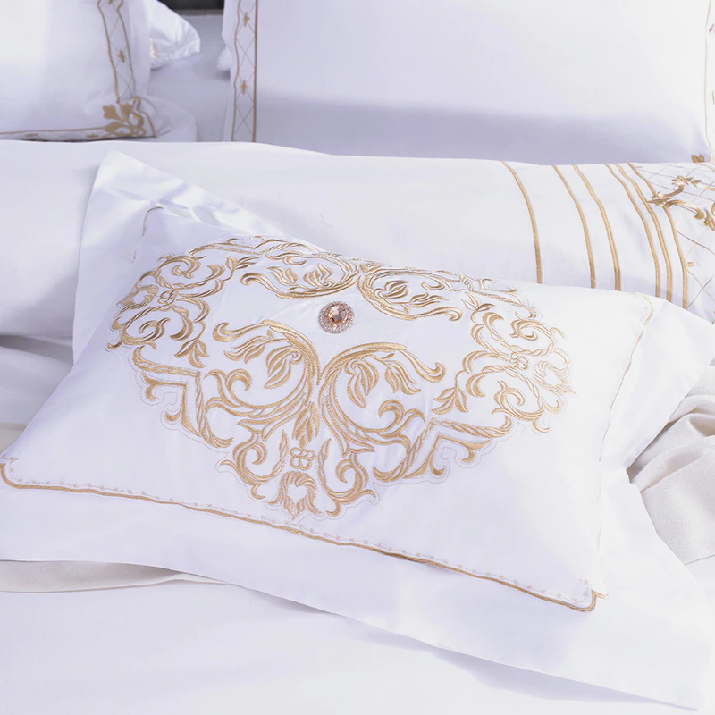 White Egyptian Cotton Gold Embroidery Beddings Set