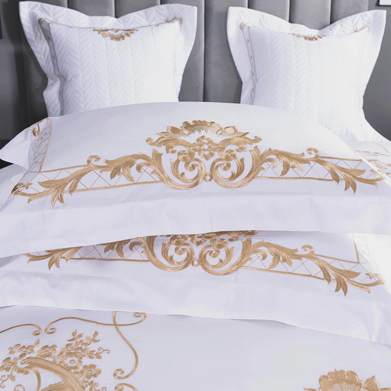 White Egyptian Cotton Gold Embroidery Beddings Set