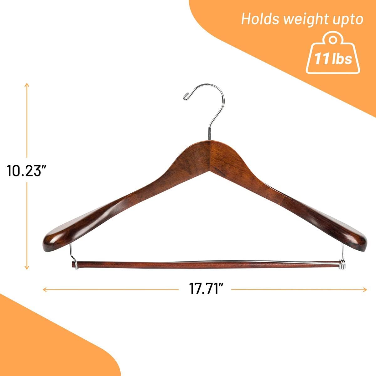 DEILSY™ Wide Shoulder Wooden Hangers Non Slip Pants Bar, (6 Pack)