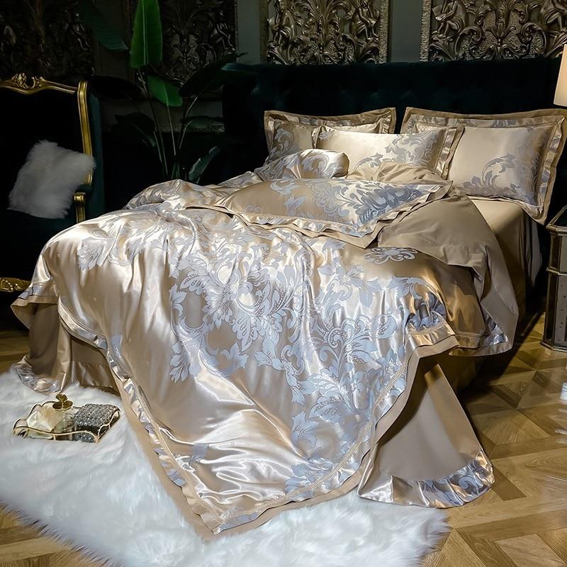 Silver Golden King Queen Silk Satin Cotton Luxury Bedding Set 