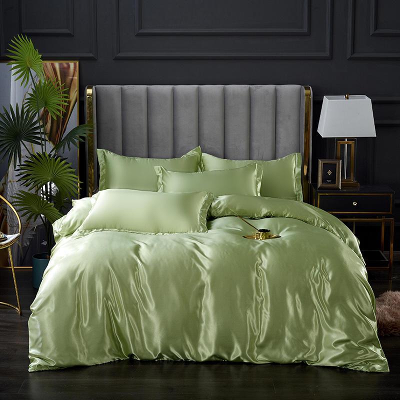 6 Pcs Luxury Green Satin Stripe Duvet Set – 92Bedding